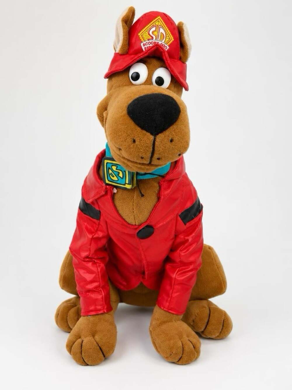 VTG Scooby Doo Cartoon Fire Department Plush Stuffed Sitting RED Rain Coat 12”